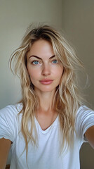 Naklejka premium A blonde woman with a white shirt and long hair