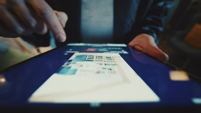 Footage of unrecognizable man doing online shopping while scrolling through digital tablet. Guy choosing furniture on site of interior design. Evening time. Indoors
