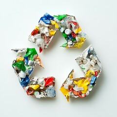 recycling symbol made of mixed garbage white on white background