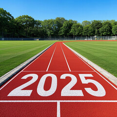 A running track with the year "2025" prominently displayed in white