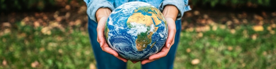 Person holding a small globe outdoors.