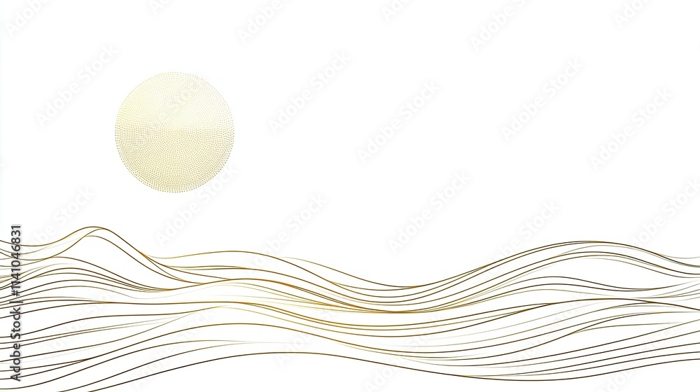 Poster minimalistic design featuring a sun and flowing lines, evoking calm and tranquility.