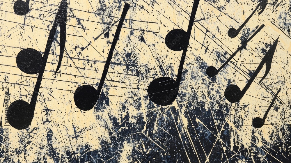 Poster abstract representation of musical notes on a textured background.