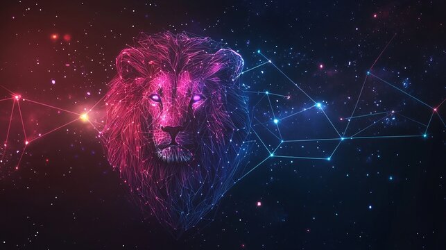 A futuristic interpretation of the Leo constellation with neon lights and digital elements, set in outer space