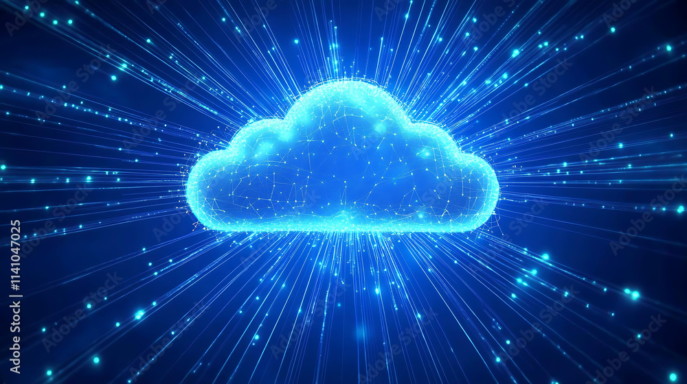 Poster data and cloud computing technology, glowing lines in a blue background