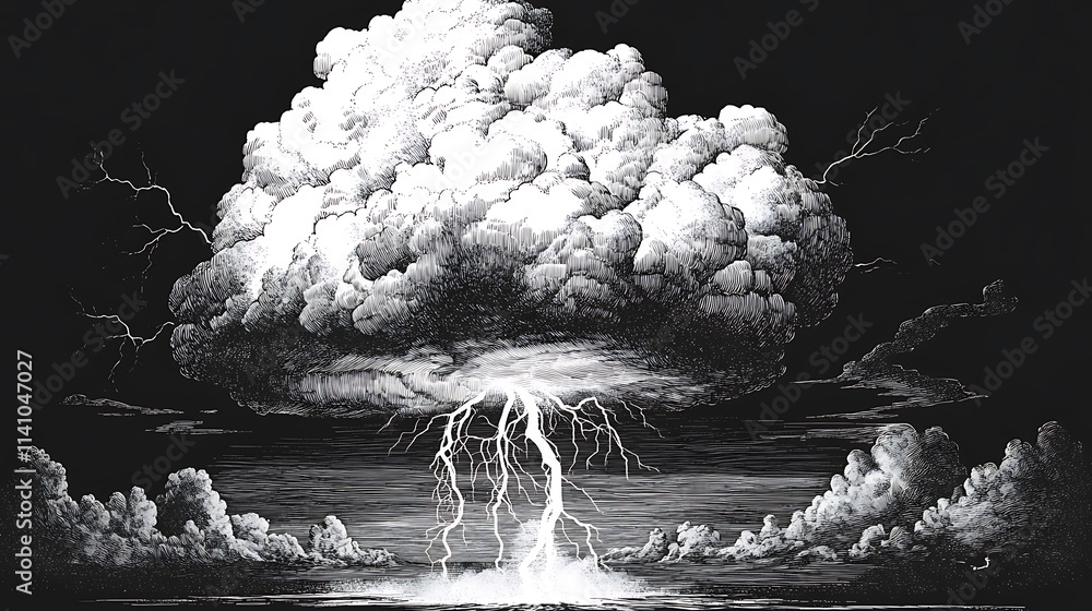 Aufkleber cloud with a lightning bolt striking from beneath it sketch engraving raster illustration, scratch b