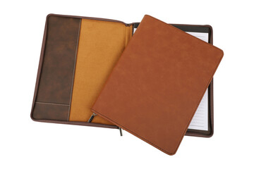 Colorful leather Zipper Portfolio view. blank space mockup, isolated png background.