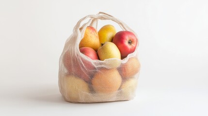 A mesh bag filled with colorful apples and pears shines in bright light. Fresh fruits symbolize health and nourishment. Choose wisely for a balanced diet. Generative AI