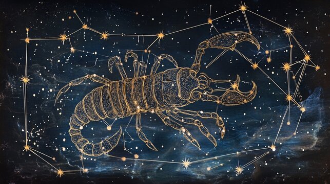 A whimsical rendering of the Scorpio constellation with stars connected by playful lines, forming the scorpion shape, set in a magical and mysterious night sky