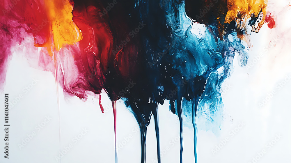 Poster colorful paint is dripping down a white background, creating an abstract and artistic visual