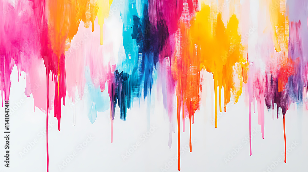 Poster colorful paint is dripping down a white background, creating an abstract and artistic visual