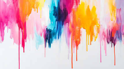 Colorful paint is dripping down a white background, creating an abstract and artistic visual