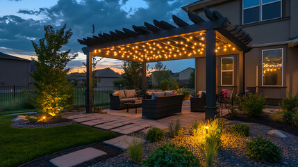 Obraz premium Comfortable backyard patio with pergola illuminated with string lights at dusk, featuring modern patio furniture and lush landscaping
