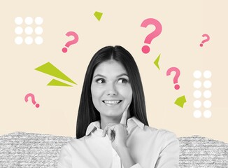 Trend artwork of young lady thoughtful with question marks
