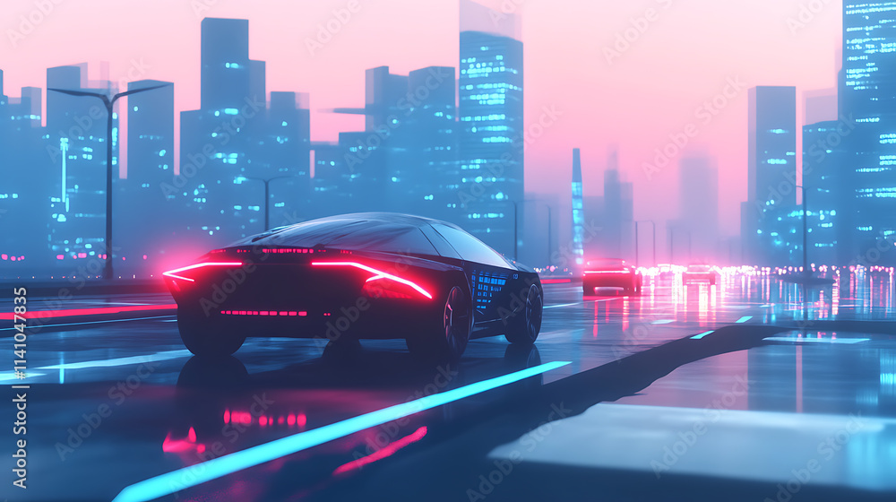Poster Concept of autonomous car sensor system for driverless-mode car control, future adaptive cruise control capable of sensing nearby vehicles and pedestrians, smart transportation technology