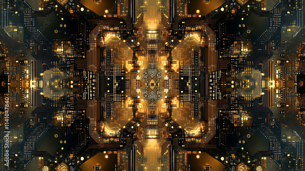 Poster complex circuit board pattern with gold and copper colors on a digital abstract background, embodyin