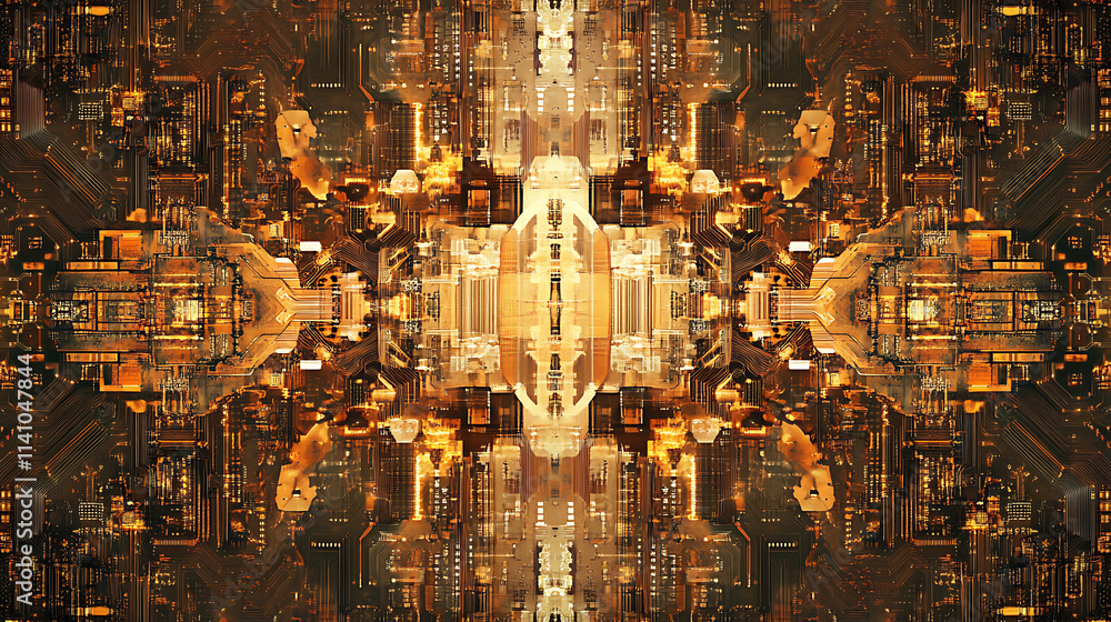 Poster complex circuit board pattern with gold and copper colors on a digital abstract background, embodyin