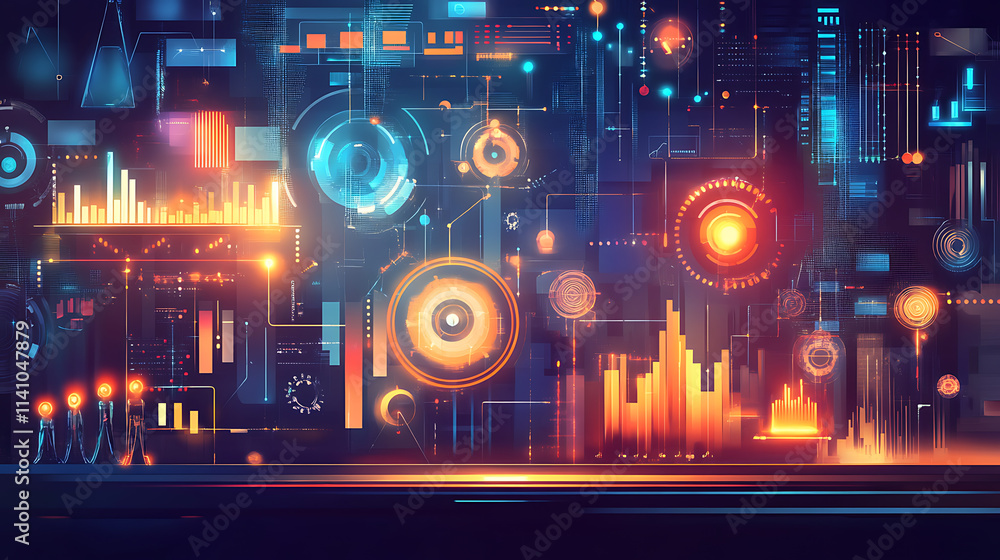 Poster Concept of business transformation, showcasing elements of digital development and modern efficiency, with symbols representing innovation, growth, and technological advancement in corporate setting