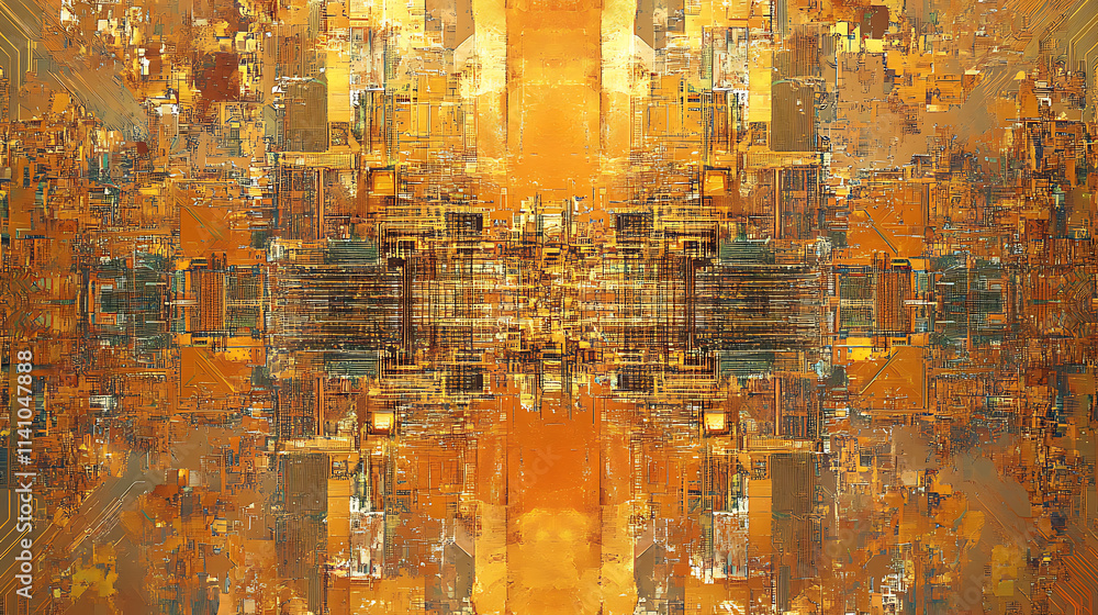 Poster Complex circuit board pattern with gold and copper colors on a digital abstract background, embodying a technology concept