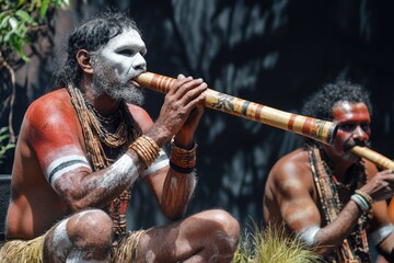 Aboriginal men perform traditional music in Queensland  Australia.