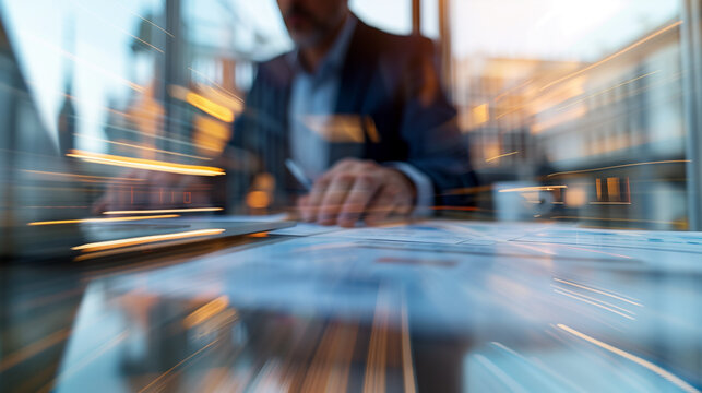 Dynamic Office Scene with Business Professional and Motion Light Effects