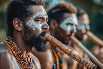 Aboriginal men perform traditional music in Queensland  Australia.