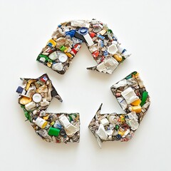 recycling symbol made of mixed garbage white on white background