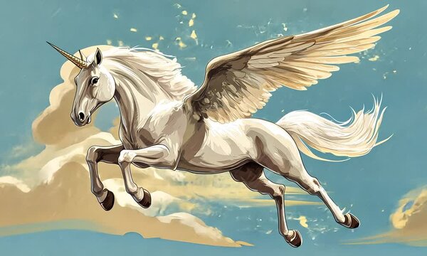Majestic winged unicorn soaring through pastel clouds, a fantastical flight.