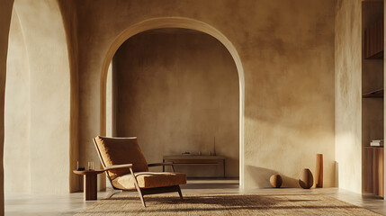 Cozy armchair near stucco arch wall, japandi, minimalist interior design of modern living room