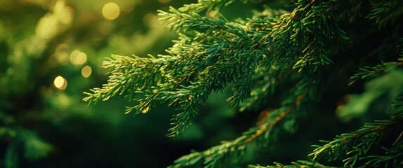Fresh evergreen branches glistening in soft morning light