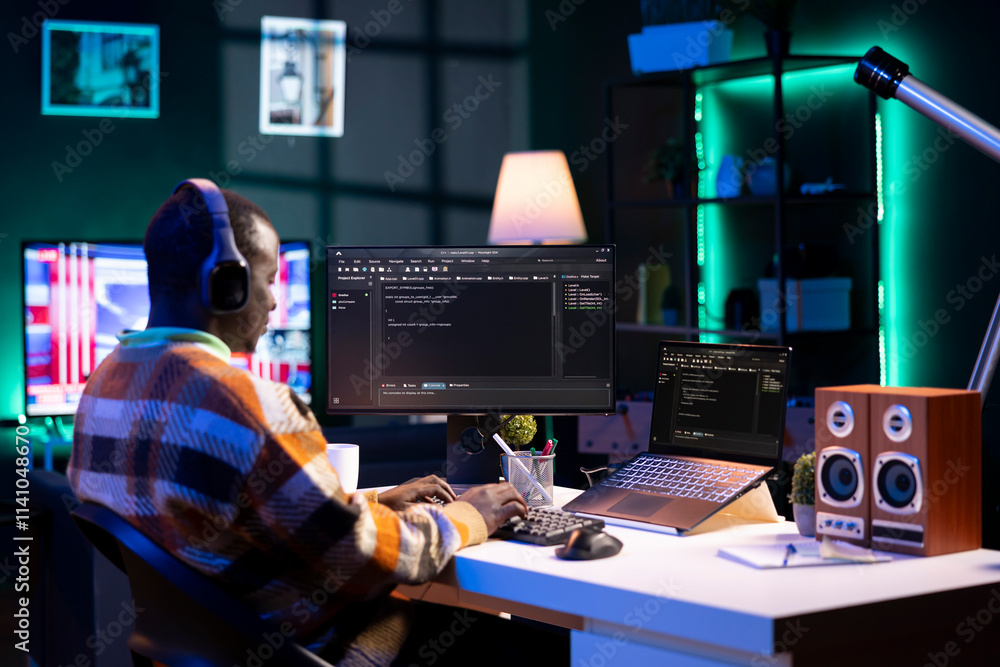 Poster african american computer scientist in home office programming code on pc. freelancing developer sol