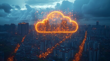 Visual demonstration of cloud storage integration over a cityscape during sunset