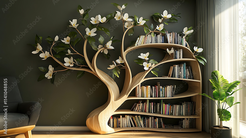 Poster Creative and nature-inspired bookshelf design resembling a tree with flowering branches