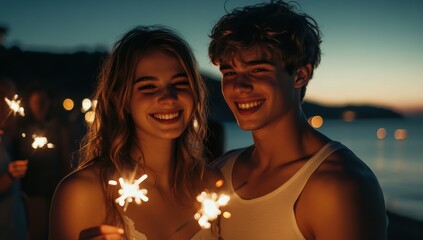 Couple celebrating at night with sparklers by the beach