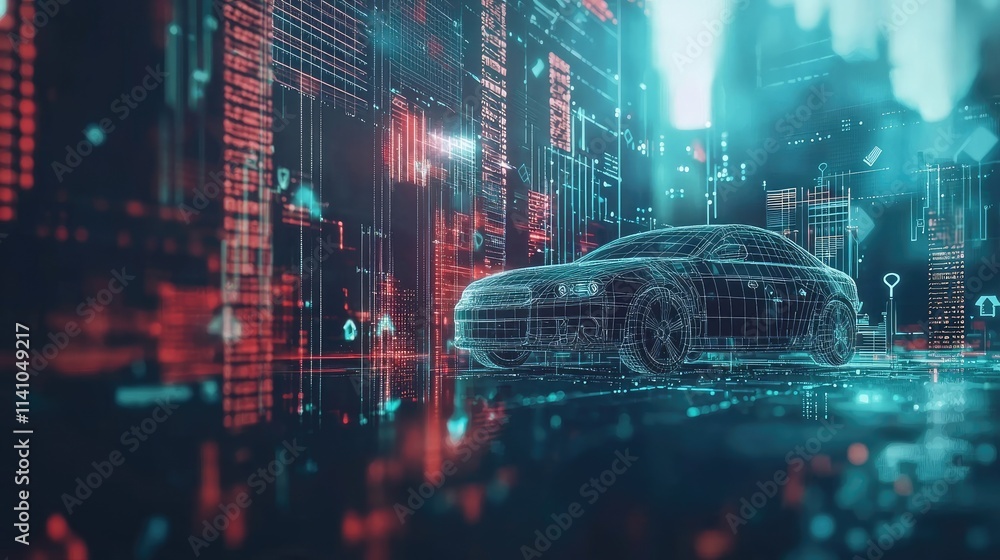 Poster a futuristic digital representation of a car amidst a network of data and technology.