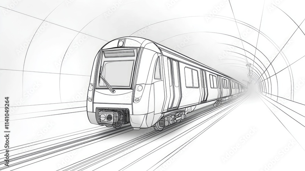 Poster a sketch of a train traveling through a tunnel, emphasizing movement and design.