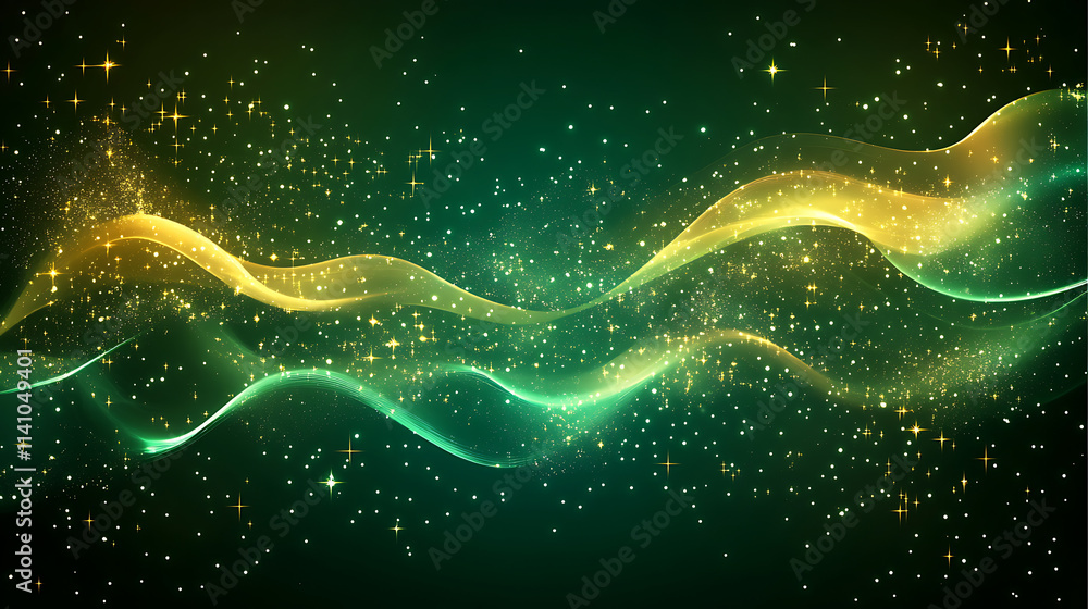 Leinwandbilder dark green and gold background with a digital space filled with glowing particles, stars and a flowi