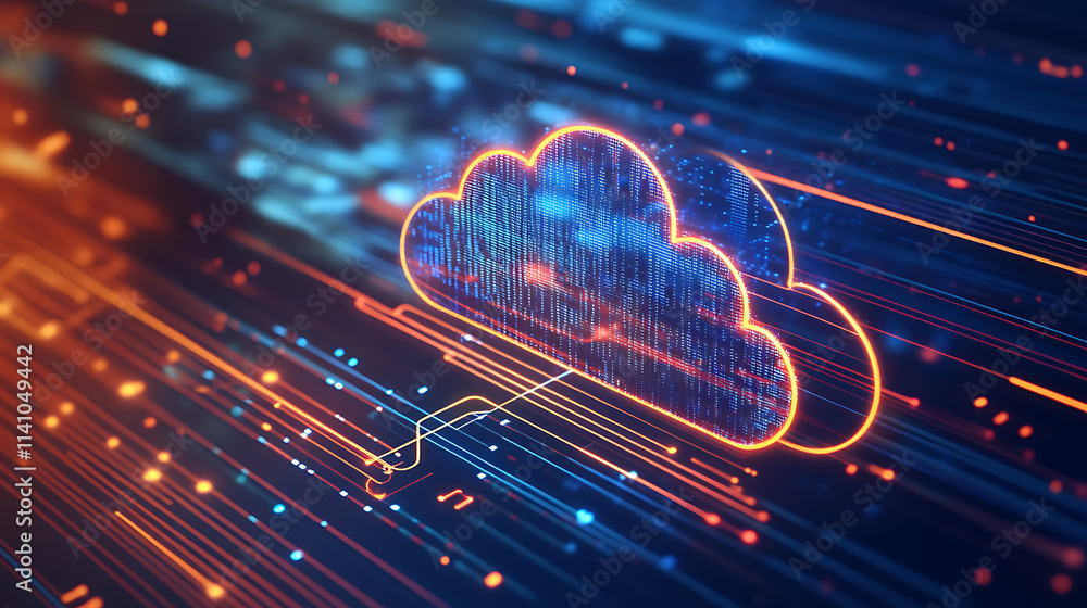 Poster data and cloud computing technology, glowing lines in a blue background