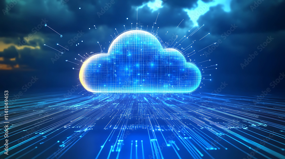 Poster data and cloud computing technology, glowing lines in a blue background