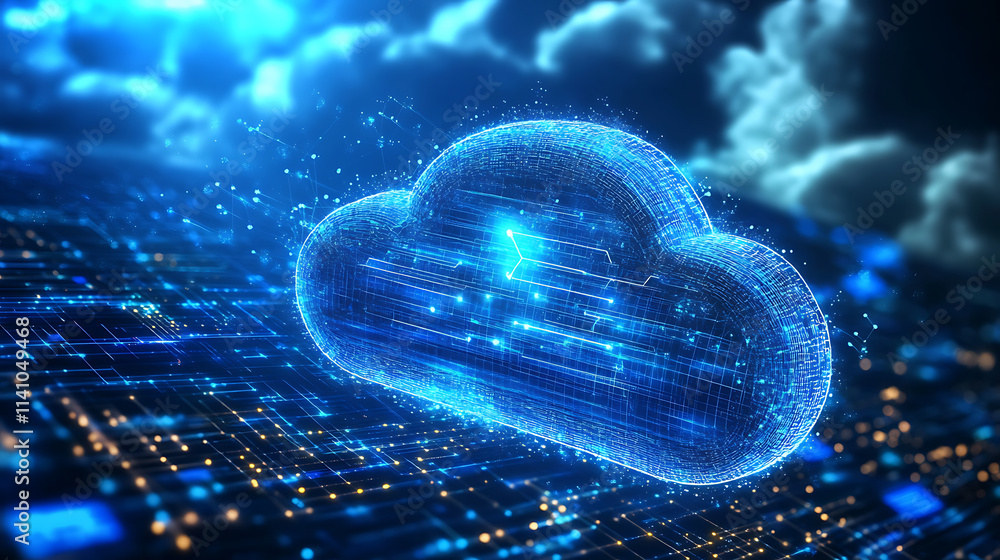 Poster data and cloud computing technology, glowing lines in a blue background