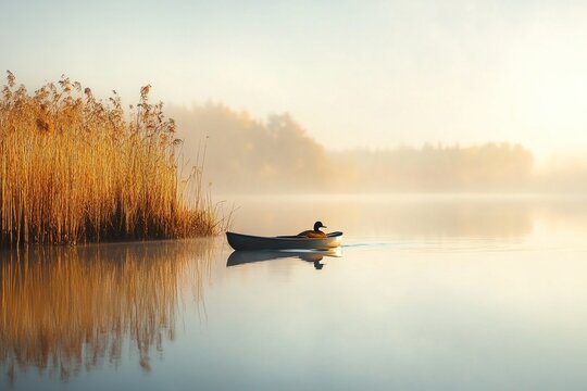 Early morning kayak trip on a calm lake surrounded by mist and golden reeds - Powered by Adobe