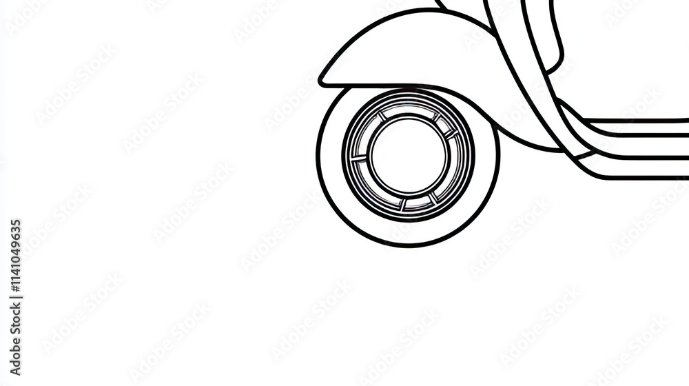 Poster a simple line drawing of a scooter's front wheel, emphasizing design and mechanics.