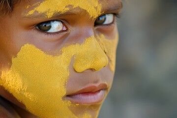 Aboriginal boy with yellow clay in Northern Territory  Australia.