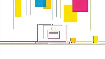 A minimalist illustration featuring a laptop with a clipboard and colorful geometric shapes.