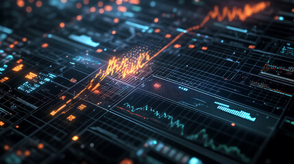 Detailed analysis display: investment trading metrics and trends on stock market graph chart with indicators, financial monitoring close-up view
