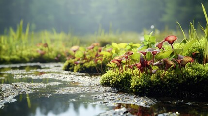 A small pond with a lot of plants growing in it