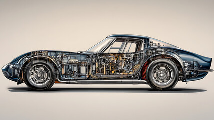 Detailed cutaway illustration of modern car showcasing intricate internal components and advanced engineering design