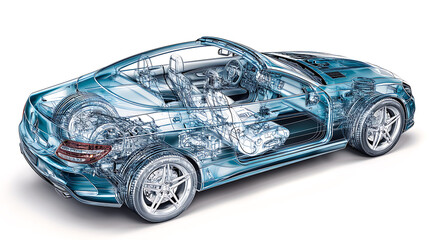 Detailed cutaway illustration of modern car showcasing intricate internal components and advanced engineering design