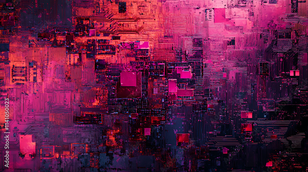 Poster digital abstract: glowing electronic circuits on a matte surface, futuristic cyberpunk artwork