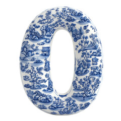 Blue and white porcelain number zero with a traditional Chinese landscape design.
